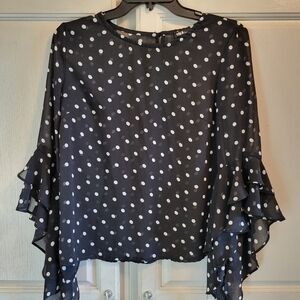 Black White Polka Dot Flowy Sleeve Sheer Blouse